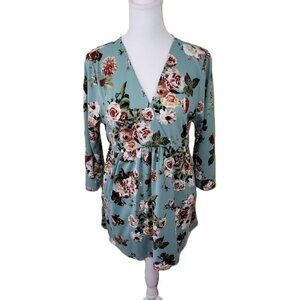 Twenty Second Green & Red Floral V-Neck High Waist Top Stretchy Blouse Size L